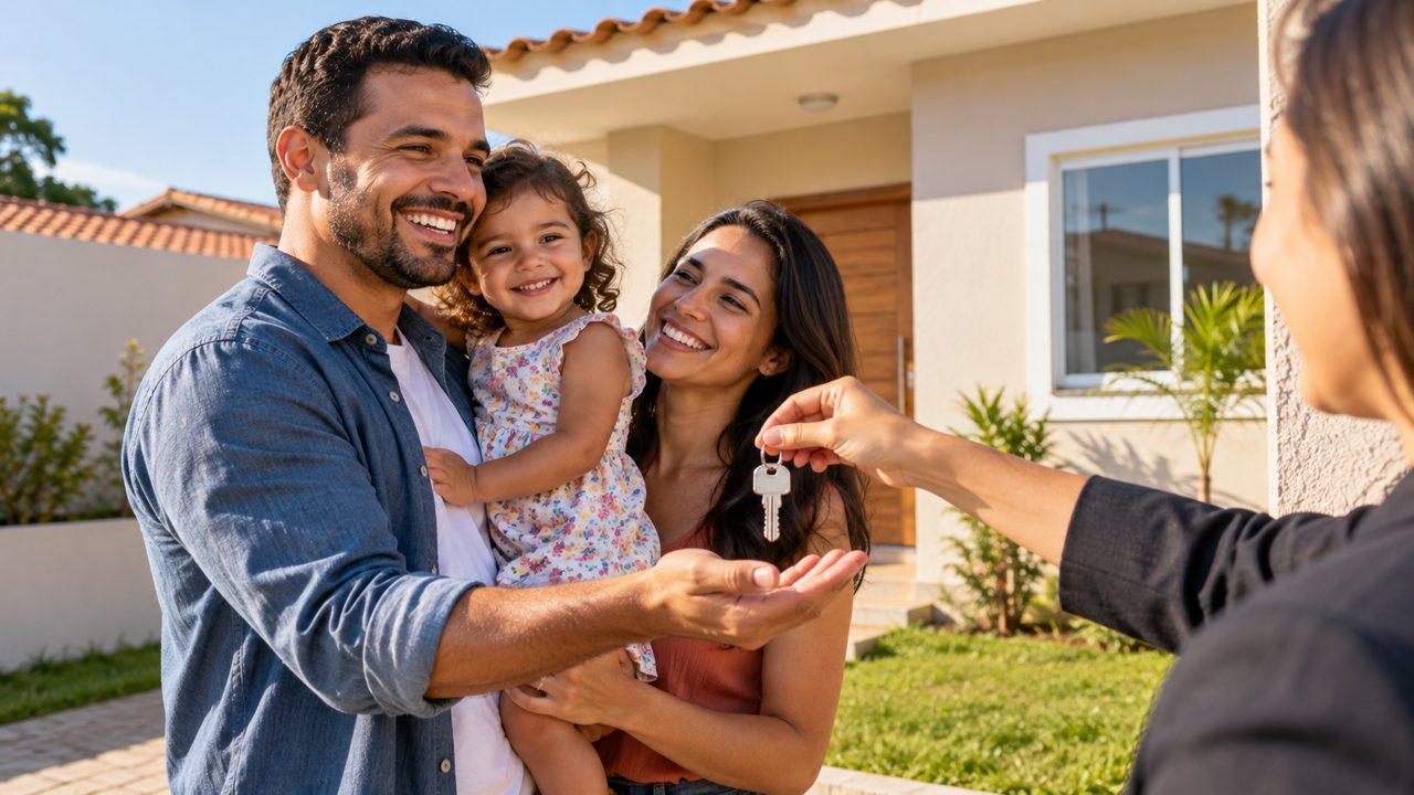 Imagem ilustrativa de campanha: família recebendo as chaves da casa própria