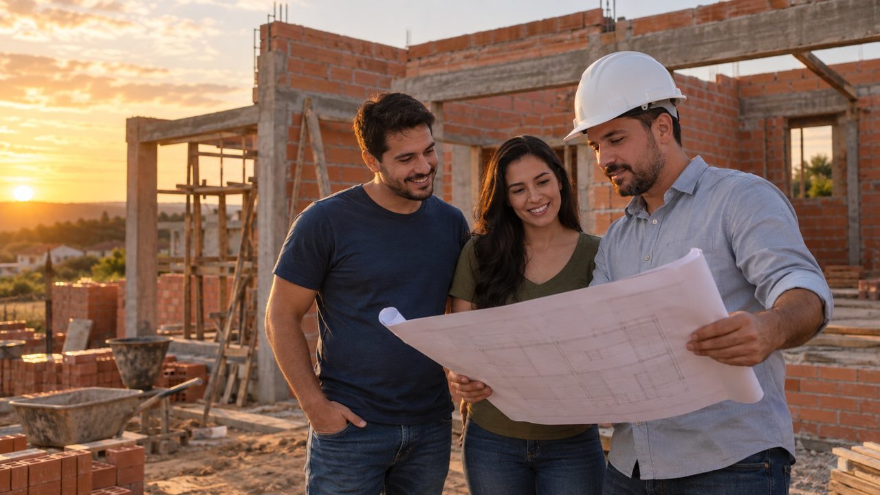 Imagem ilustrativa de campanha: casal acompanhando a construção da própria casa